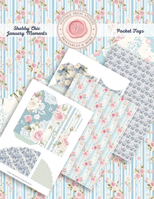 January Moments Shabby Chic Pocket Tags physical paper craft kit in blue pink and ivory by Vintage Press Studio