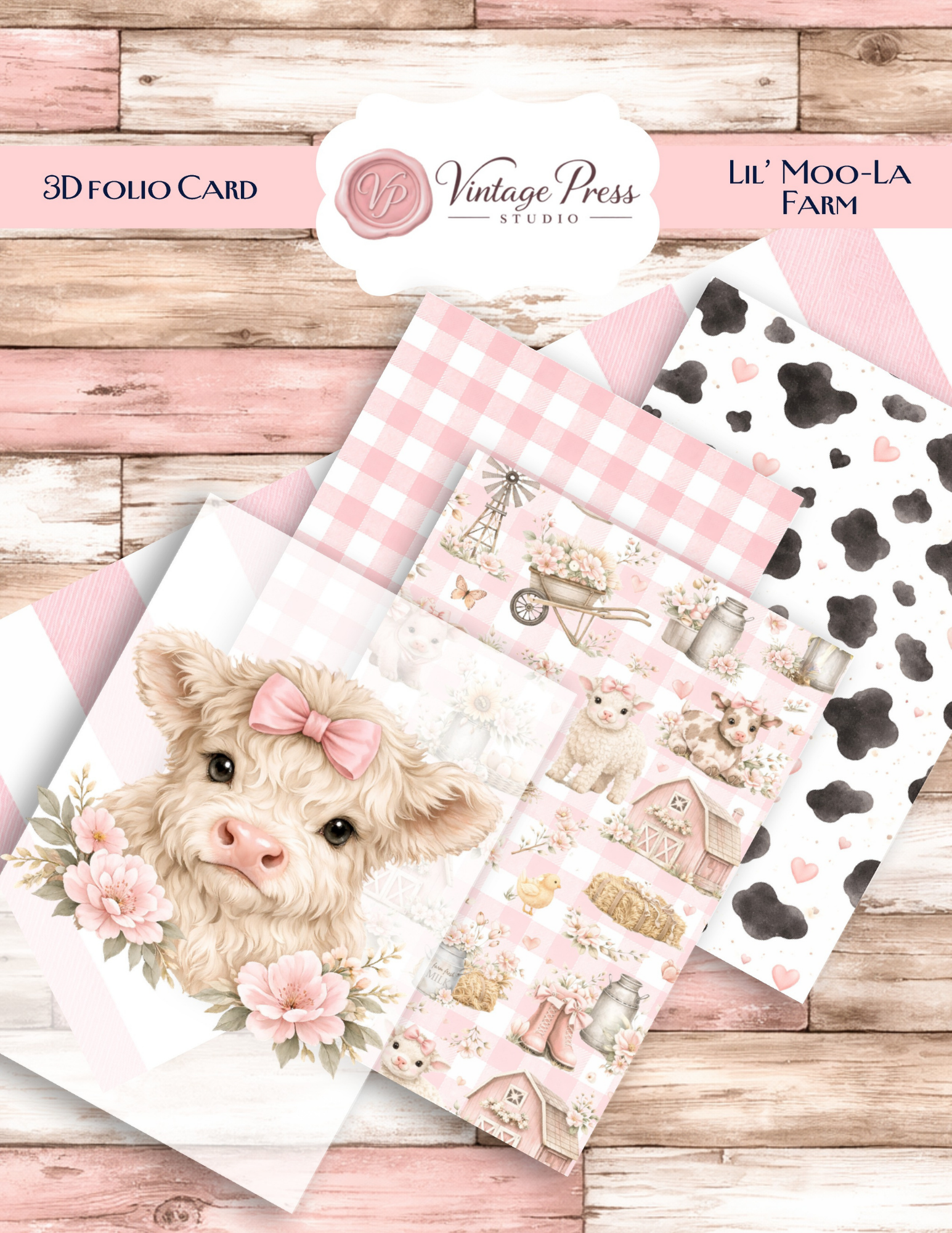 Lil’ Moo-la Farm Baby Mona 3D Folio Card paper craft kit with fluffy baby cow, pink gingham, cow print, pink barn and farmhouse elements
