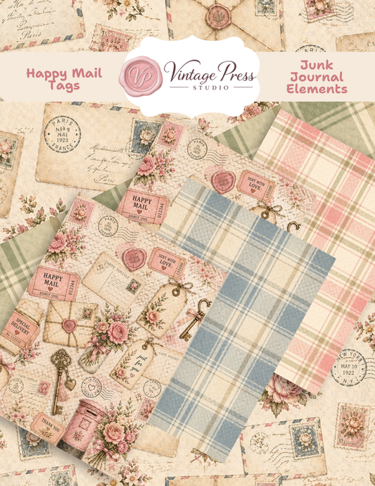 Happy Mail Loaded Tags paper craft kit with vintage postcards, roses, postage stamps, plaid papers, wax seals and antique mail ephemera