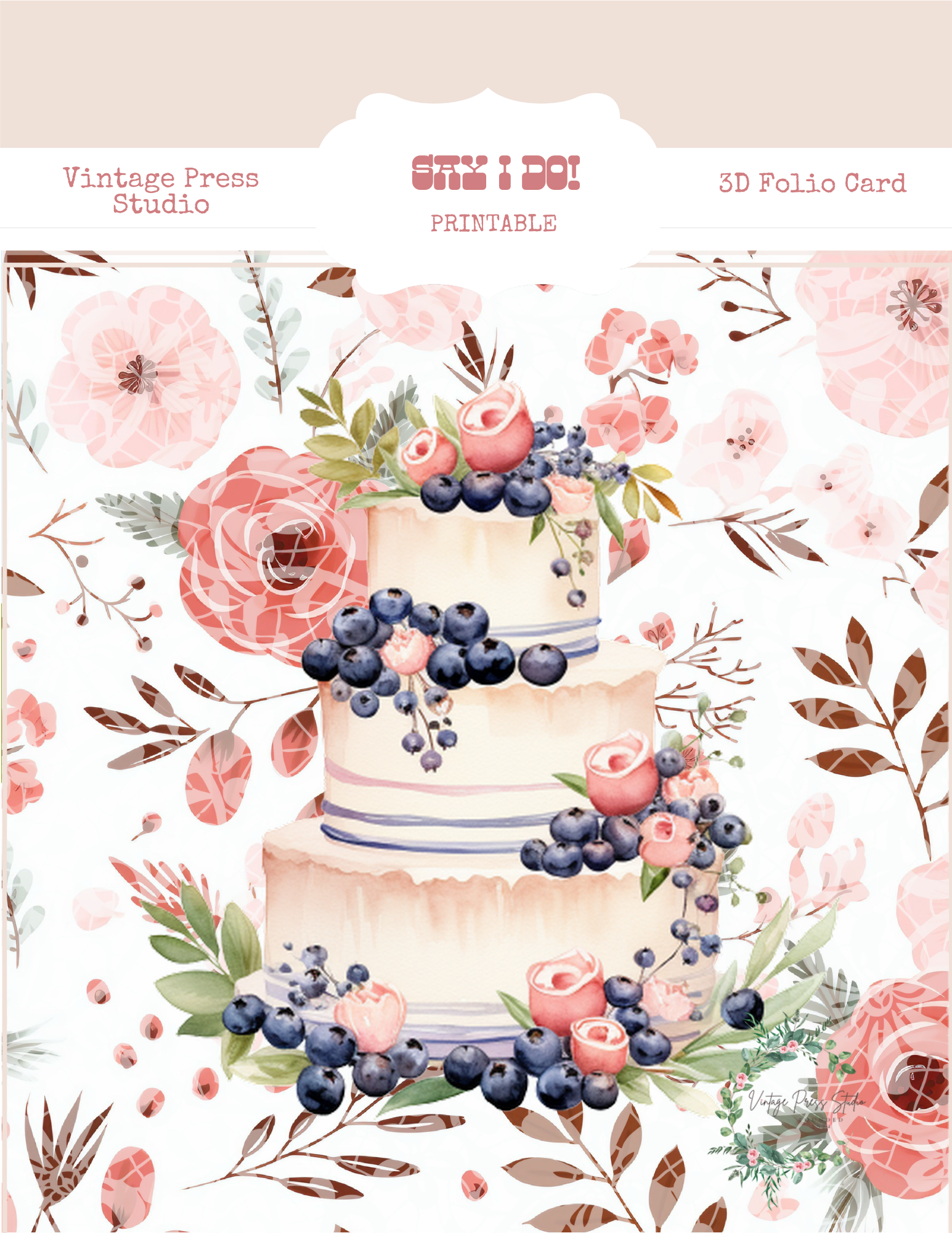 Handmade pop-up wedding card with tiered cake illustration