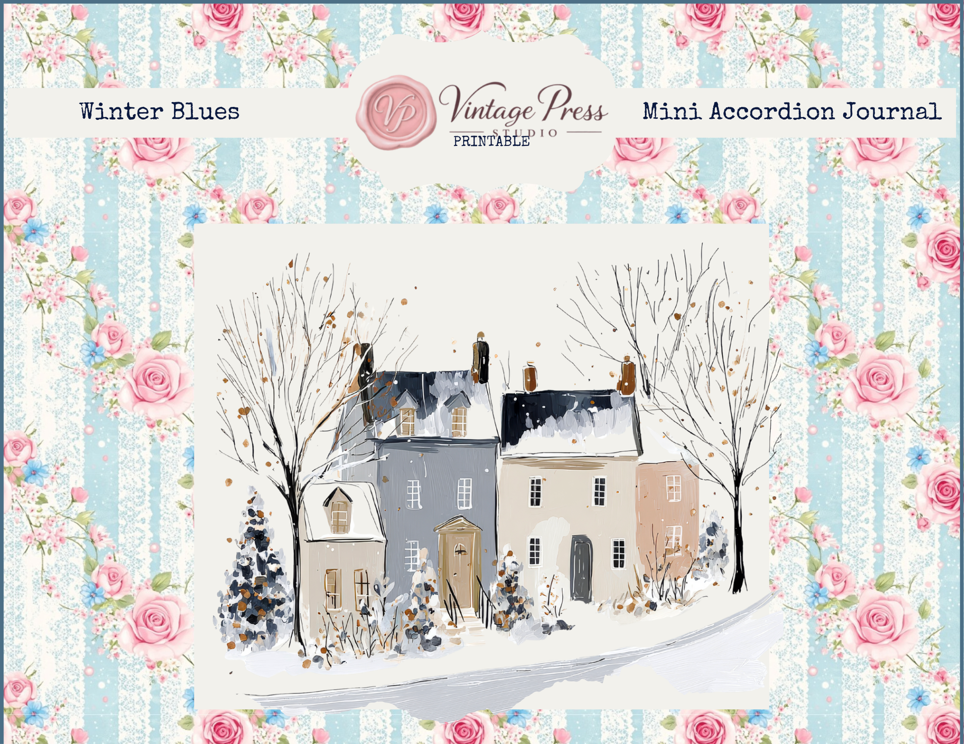 Winter Blues Mini Accordion Journal physical paper craft kit with snowy cottage blue florals and vintage winter patterns