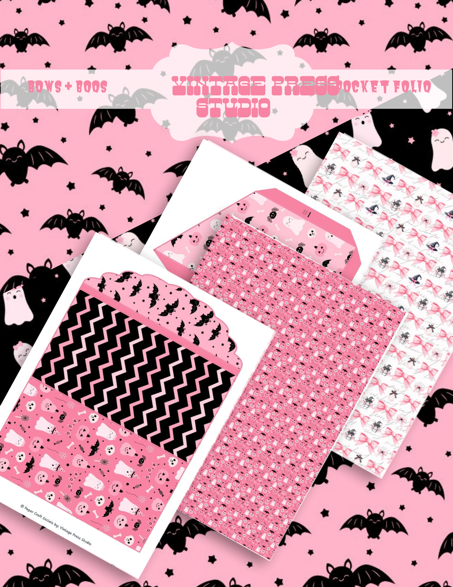 Bows and Boos Pocket Folio Halloween paper craft kit with pink bows, black bats, ghosts, chevrons and coordinating folio pieces