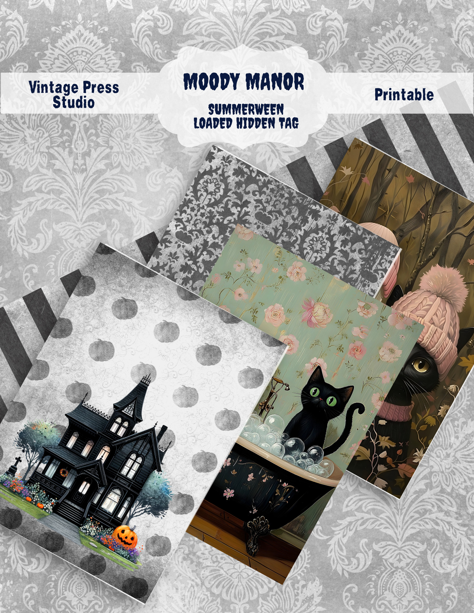 Moody Manor Loaded Hidden Tag Halloween paper craft kit with haunted house, black cat, ghost, vintage damask patterns and layered tag pieces