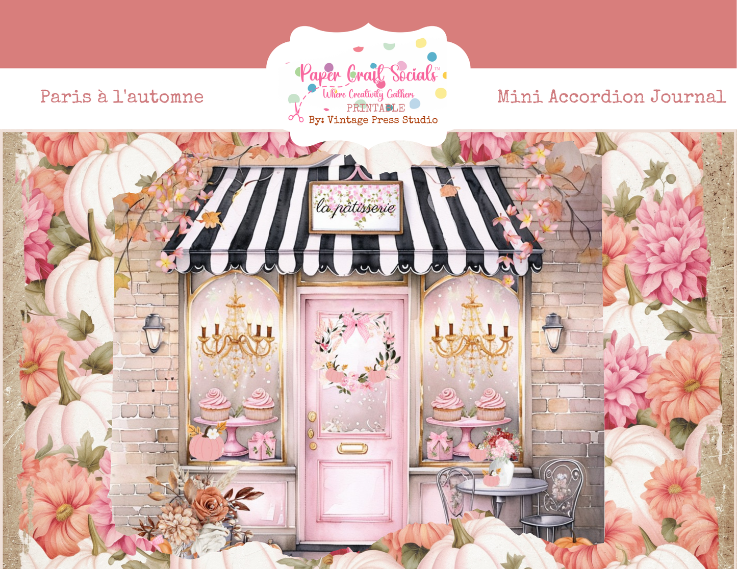 Paris à l’Automne mini accordion journal paper craft kit with pink Paris café, white pumpkins, pink flowers and autumn details