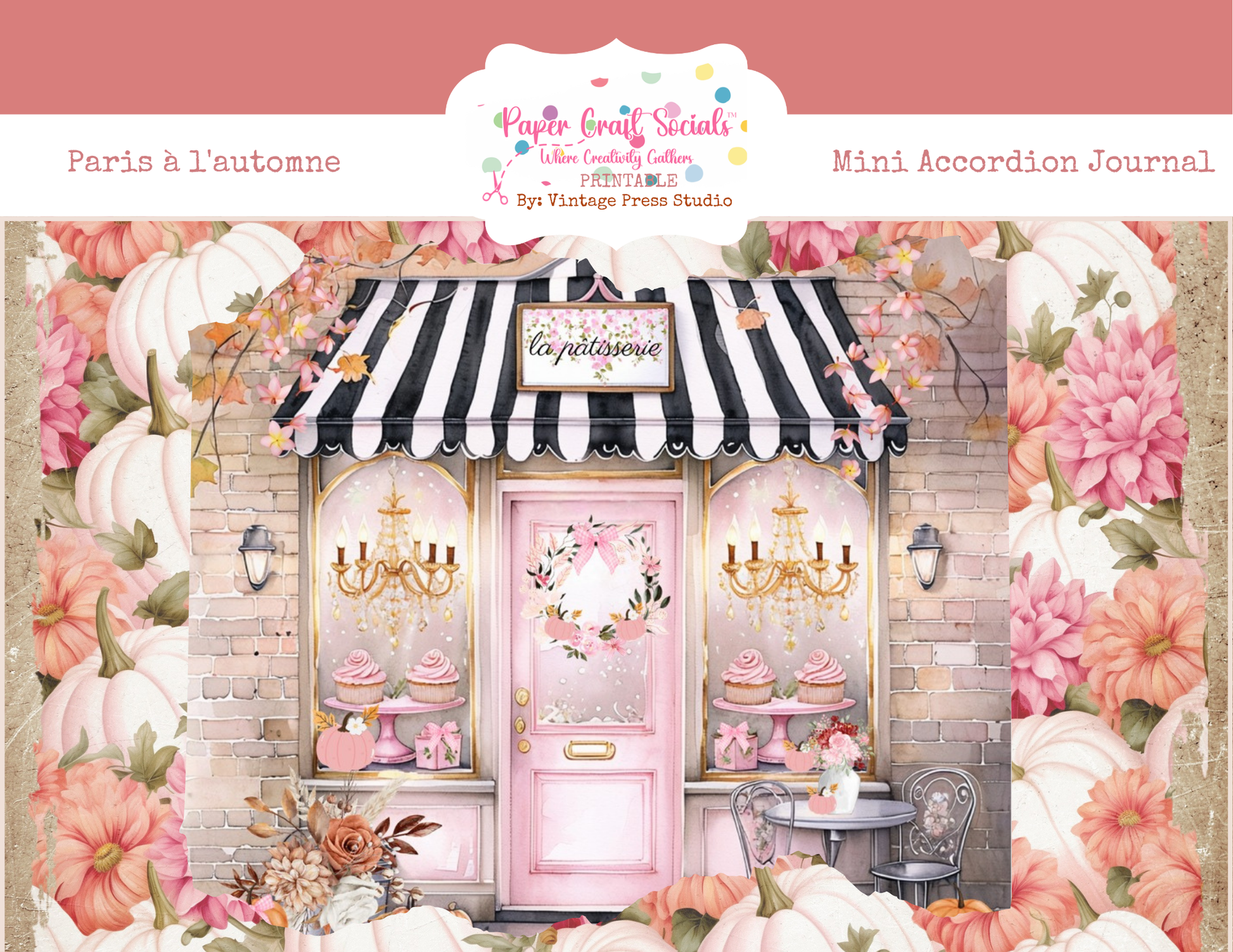 Paris à l’Automne mini accordion journal paper craft kit with pink Paris café, white pumpkins, pink flowers and autumn details