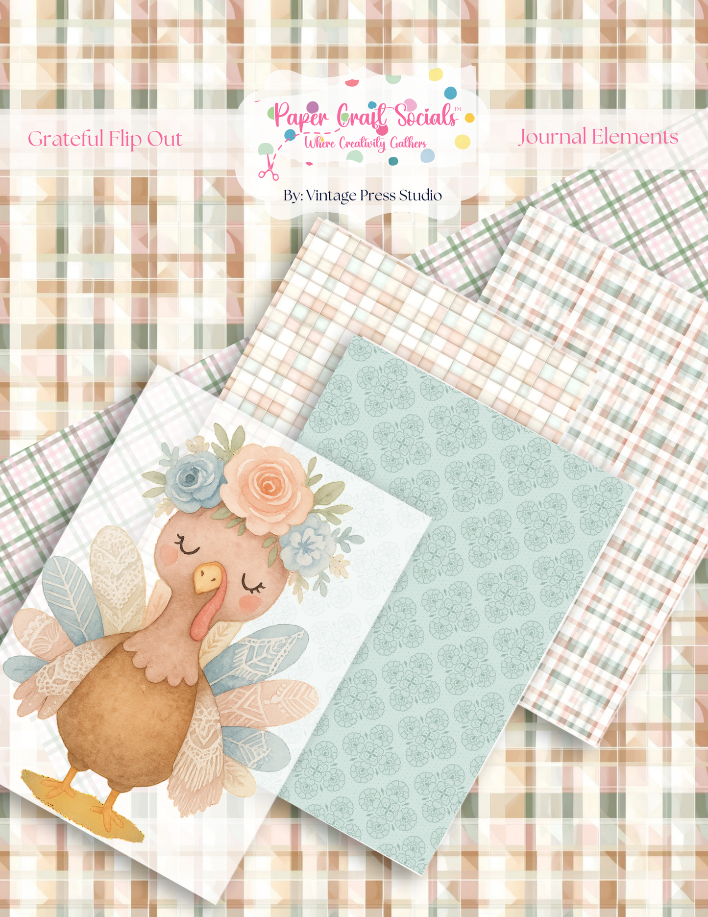 Grateful Flip Out Journal Card paper craft kit with pastel plaid, floral turkey design, soft fall colors and coordinating journal elements