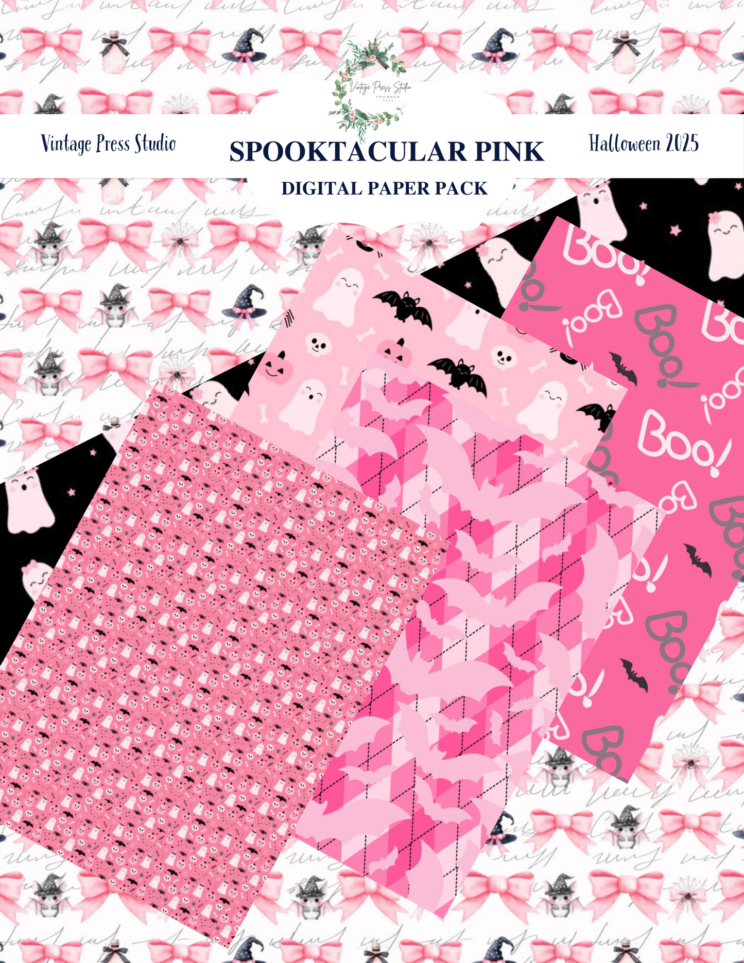 Spooktacular Pink Halloween paper pack with pink ghosts, bats, pumpkins, bows and coordinating spooky cute patterned papers