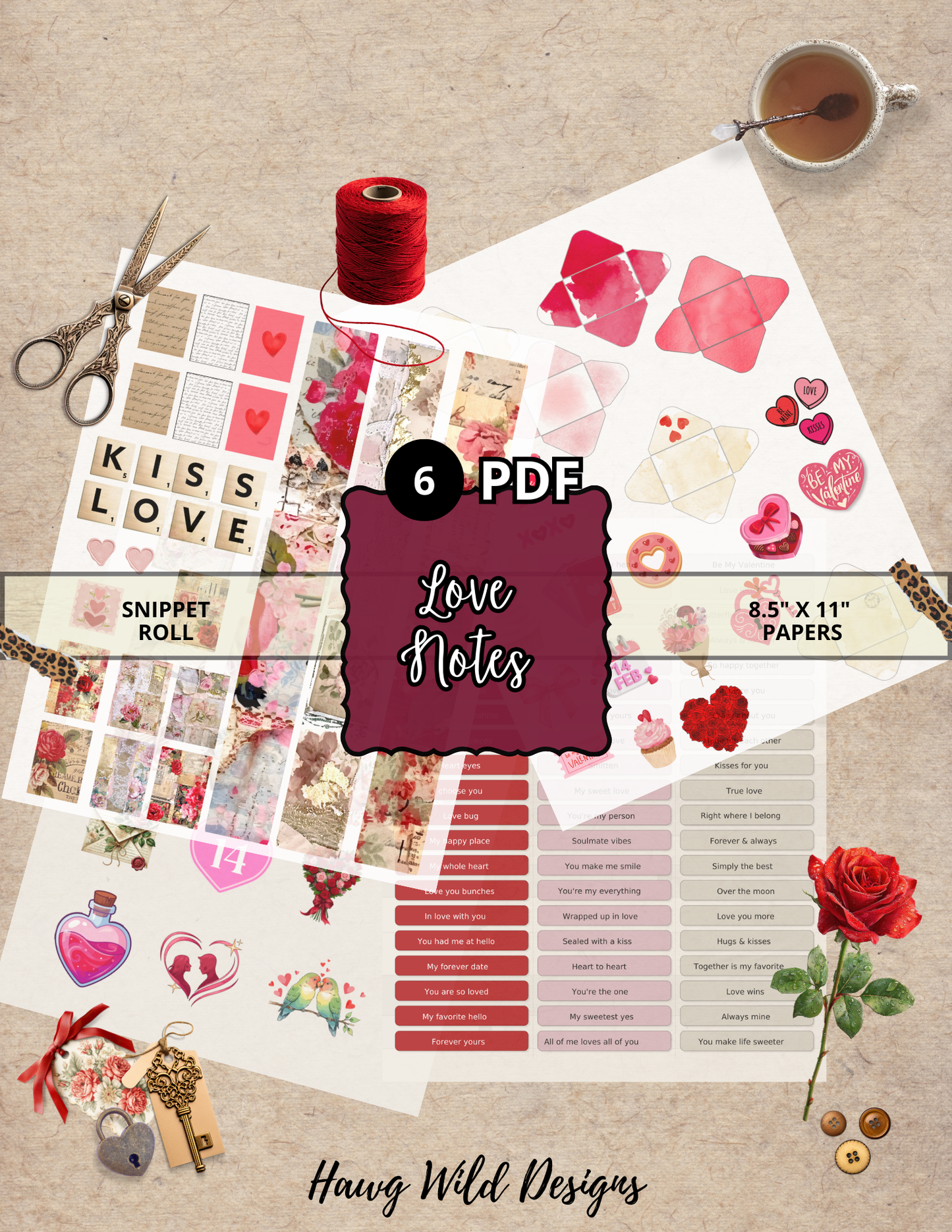 Love Notes Snippet Roll | Printable Valentine Ephemera for Junk Journals