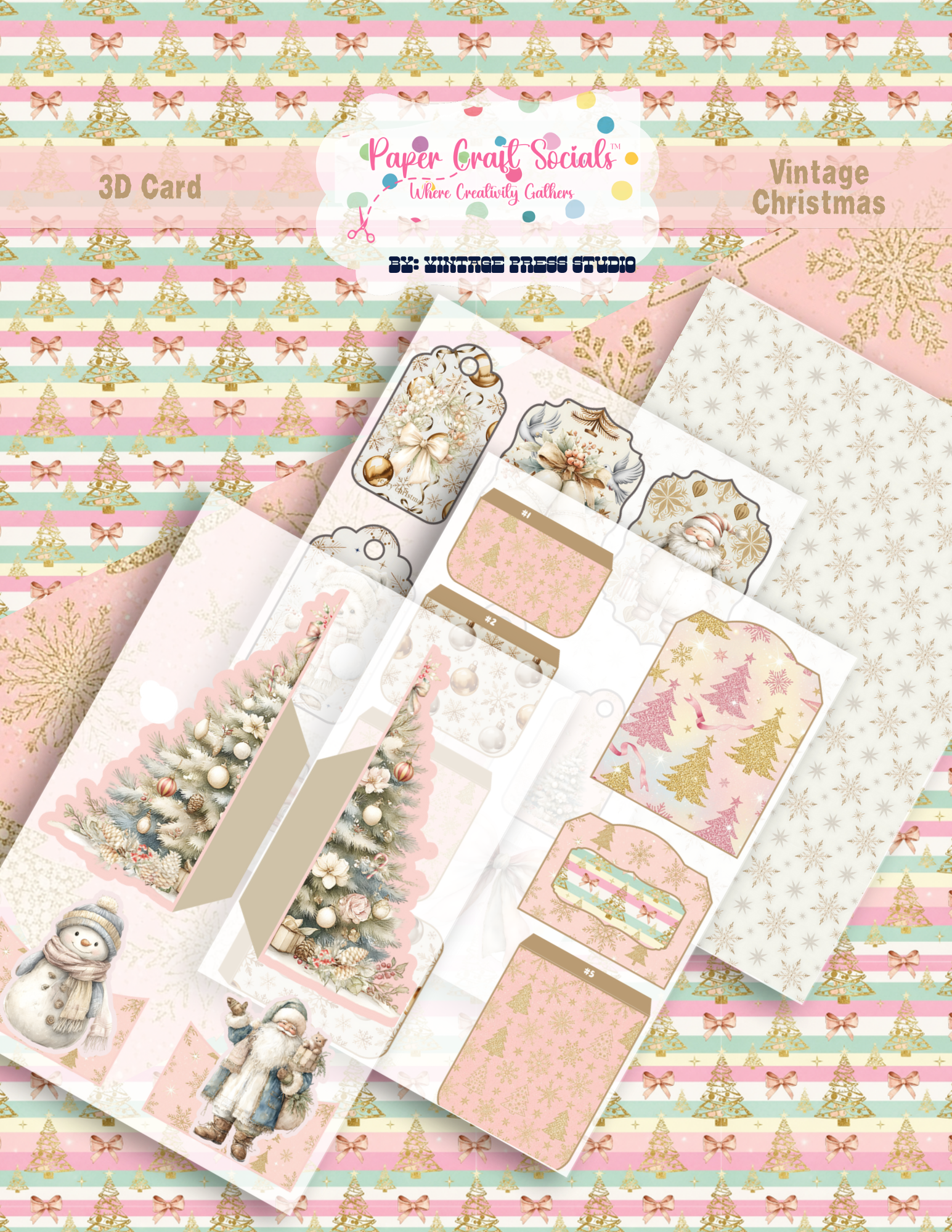 Vintage Christmas 3D Folio Card craft kit in pink cream and gold with Christmas tree, Santa, snowman, pockets and tags