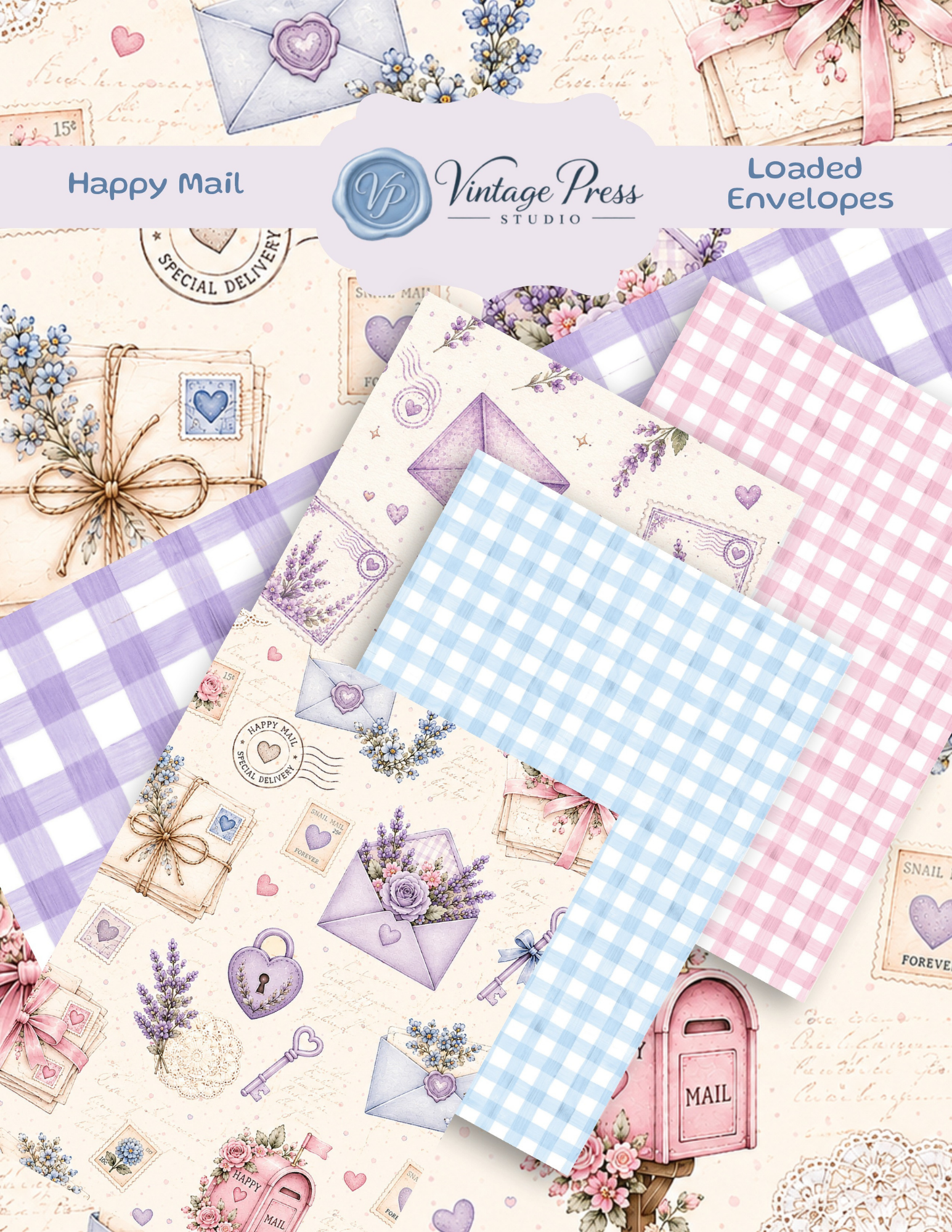 Happy Mail Loaded Envelopes paper craft kit with pink blue and lavender gingham, floral envelopes, postage stamps and vintage mail designs