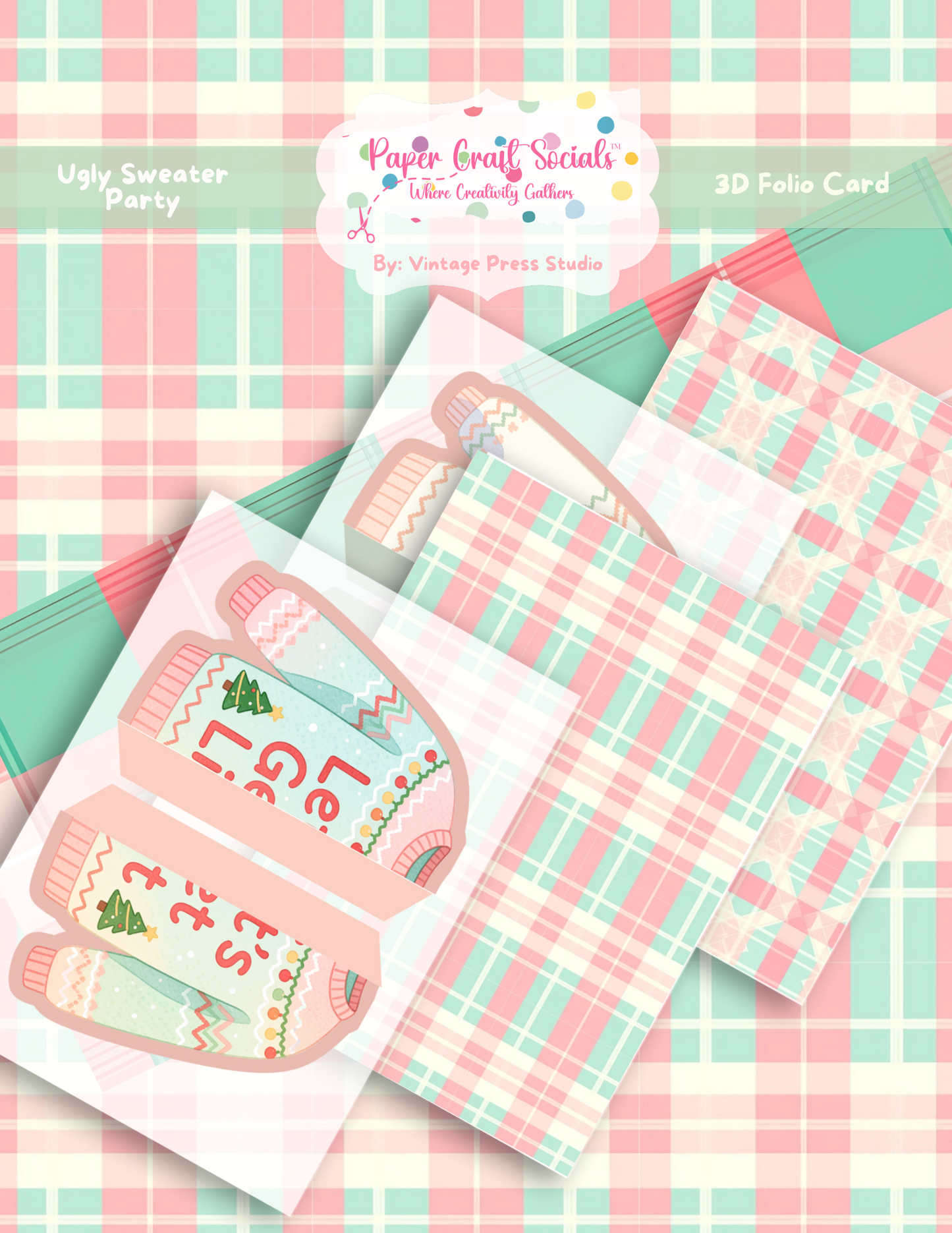 Ugly Sweater Party 3D Folio Card Christmas paper craft kit with pastel plaid, sweater-shaped elements and layered holiday folio pieces