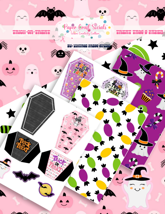 Trick or Treat Tags and Paper Pack Halloween paper craft kit with ghosts, candy, witch hats, bats and colorful seasonal patterns