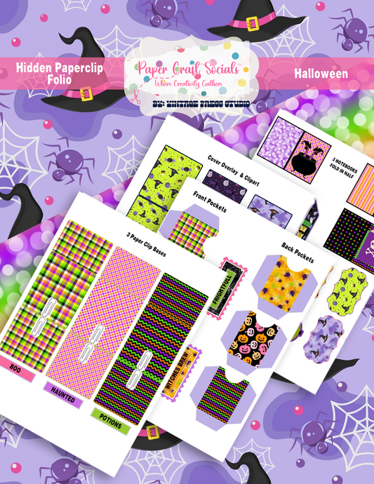 Halloween Hidden Paper Clips paper craft kit by Paper Craft Socials with colorful patterns, pockets, witch hats and spiderweb designs