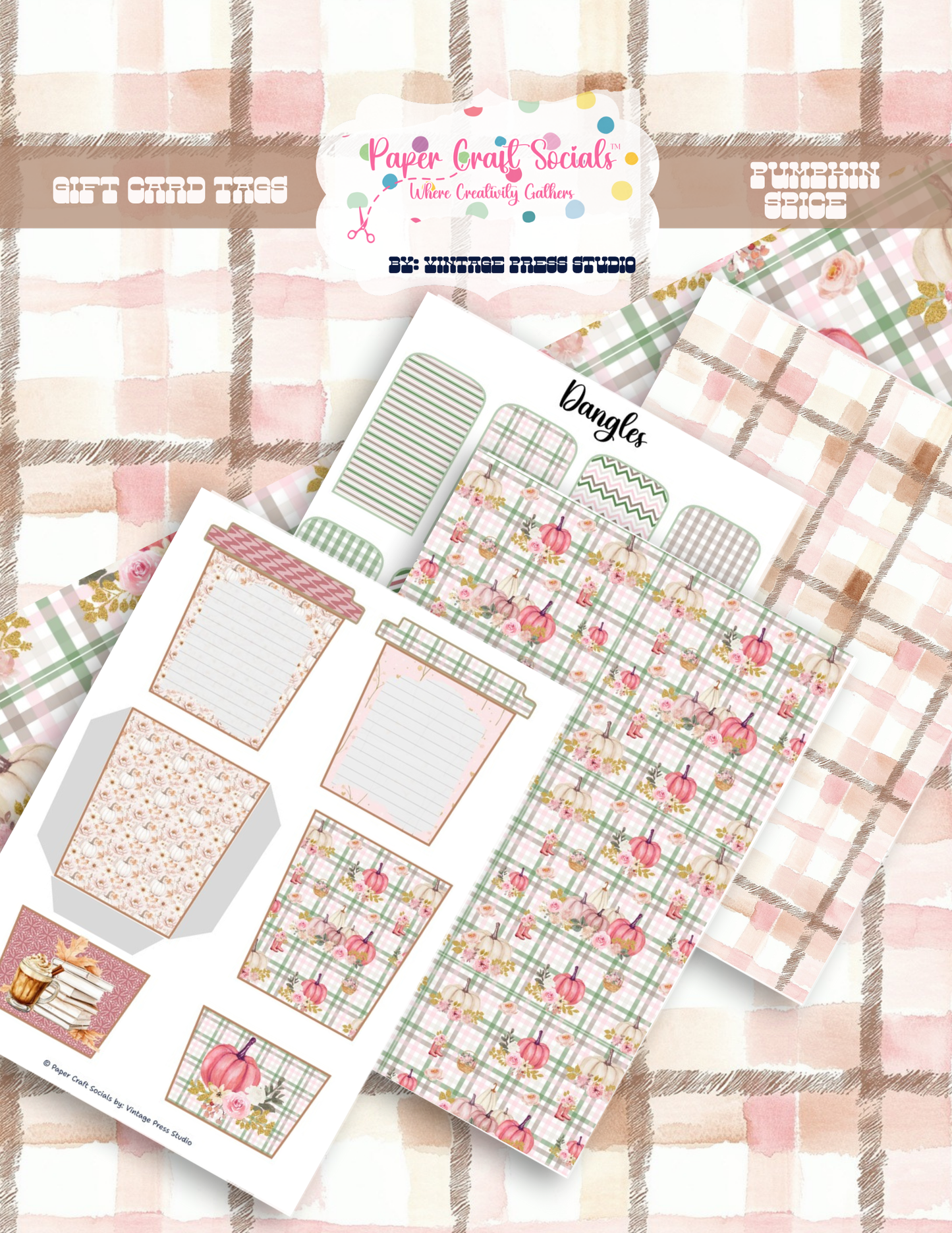 Pumpkin Spice Latte Gift Tags fall paper craft kit with pink pumpkins, plaid patterns, floral designs and gift-card tag pieces