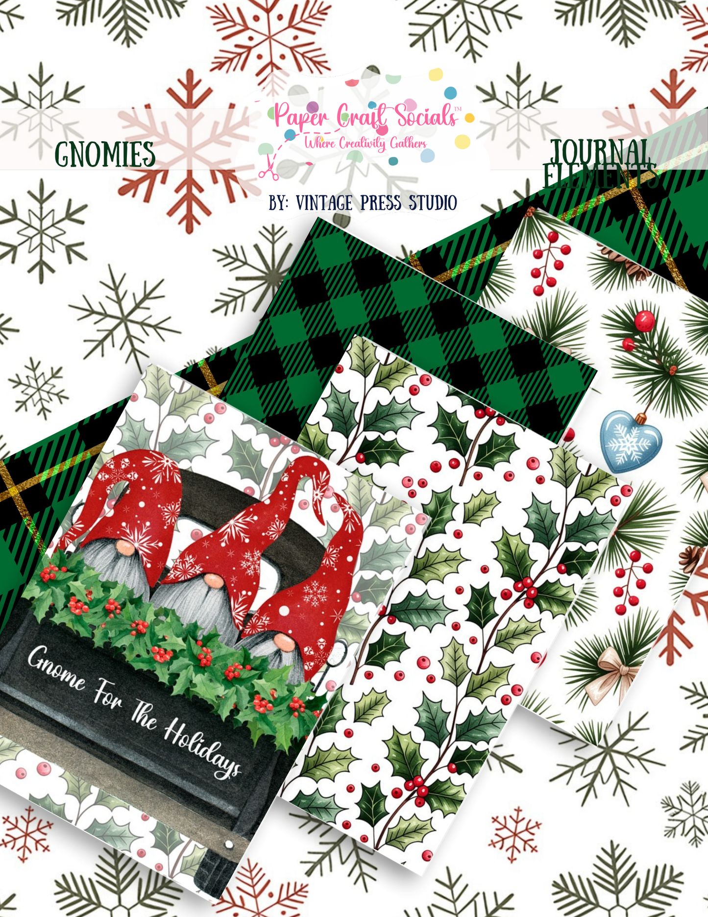 Gnomies Holiday Flip-Out Folio Christmas paper craft kit by Paper Craft Socials with gnomes, holly, plaid and pine patterns