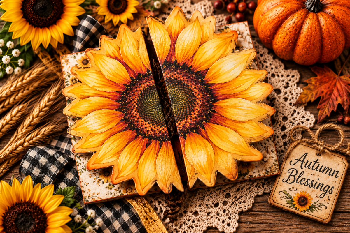 Sunflower Harvest Junk Journal Folio closed with a large dimensional sunflower-shaped cover, surrounded by pumpkins, wheat, gingham ribbon, sunflowers, and an Autumn Blessings tag.