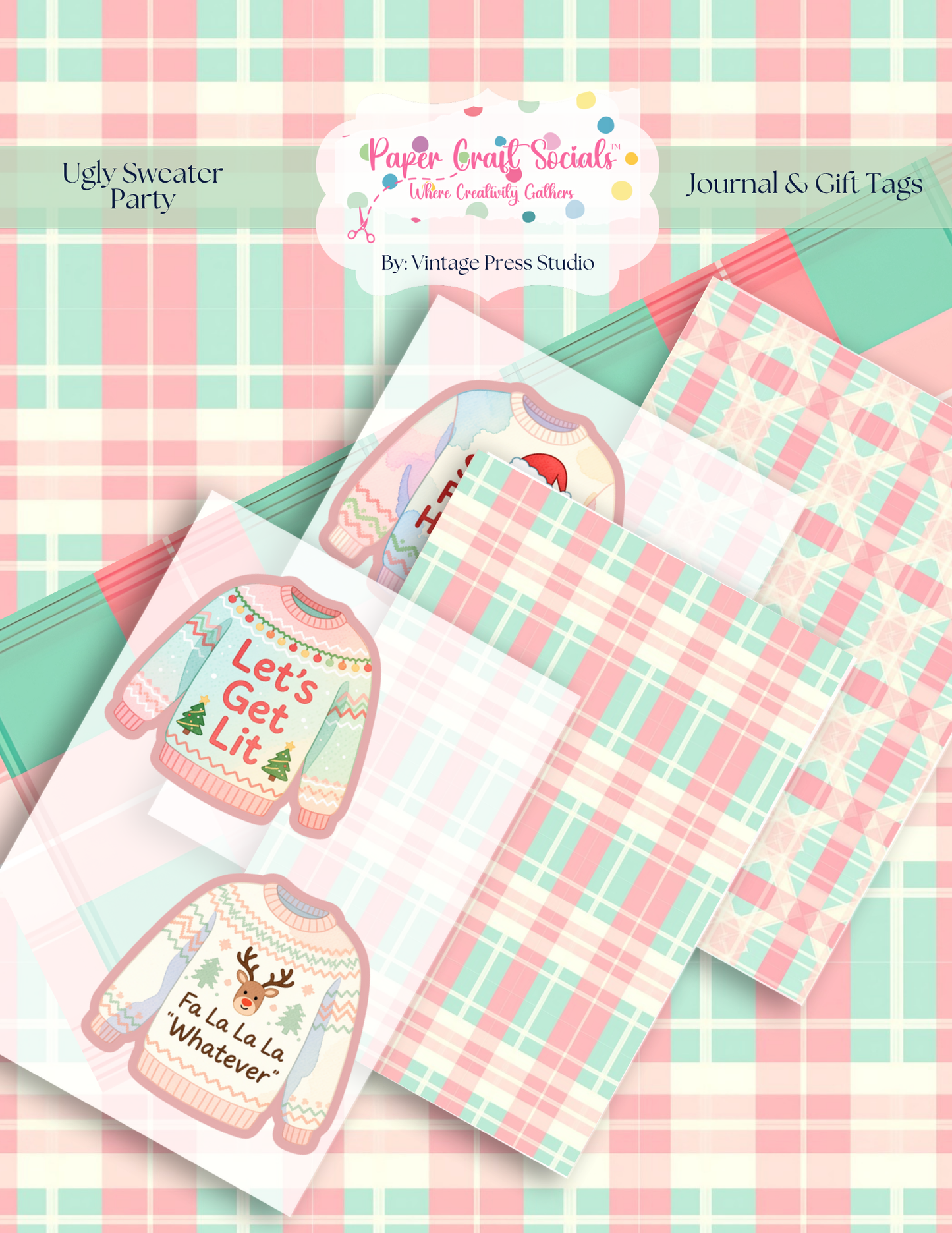 Ugly Sweater Party Christmas paper craft kit with pastel plaid, sweater-shaped gift tags and coordinating journal elements