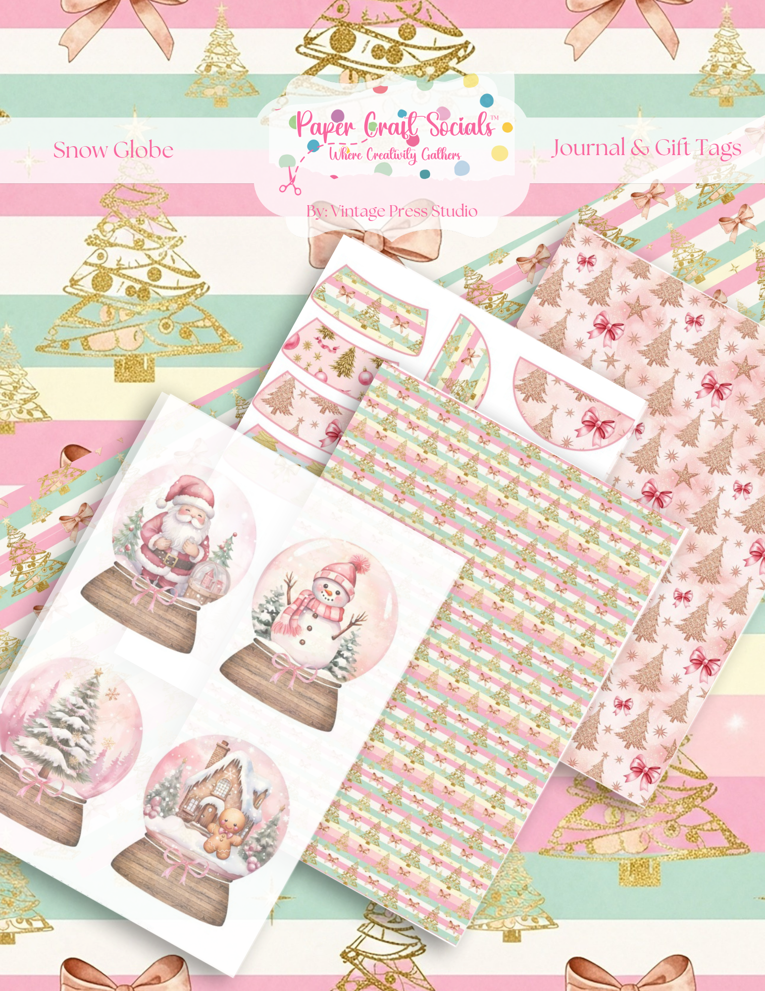 Snow Globe Gift Tags and Paper Pack by Paper Craft Socials featuring pink Christmas snow globes, trees, bows and coordinating patterned papers