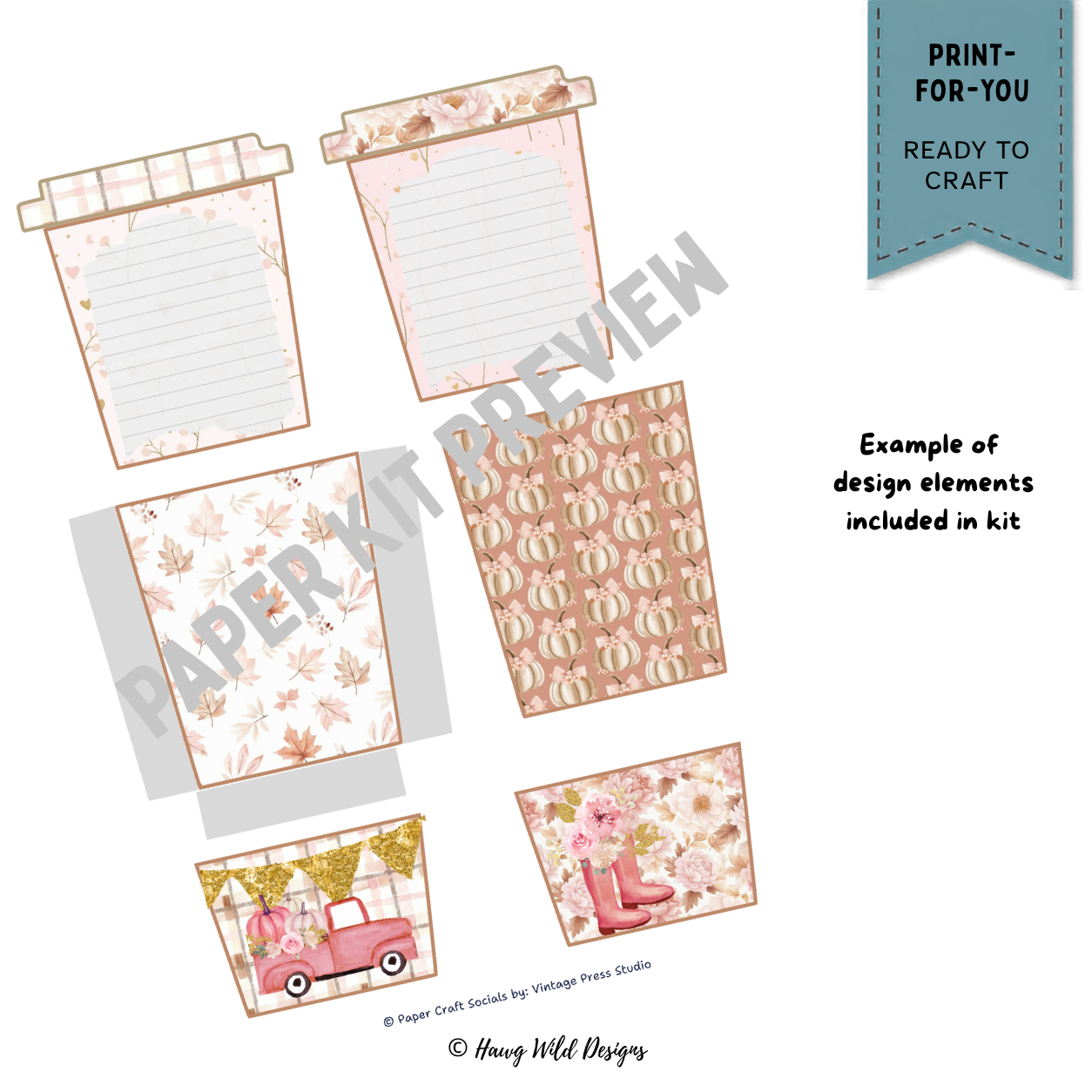 Pumpkin Spice Latte gift card holder pieces with pink pumpkins, autumn leaves, floral patterns, fall truck and boots