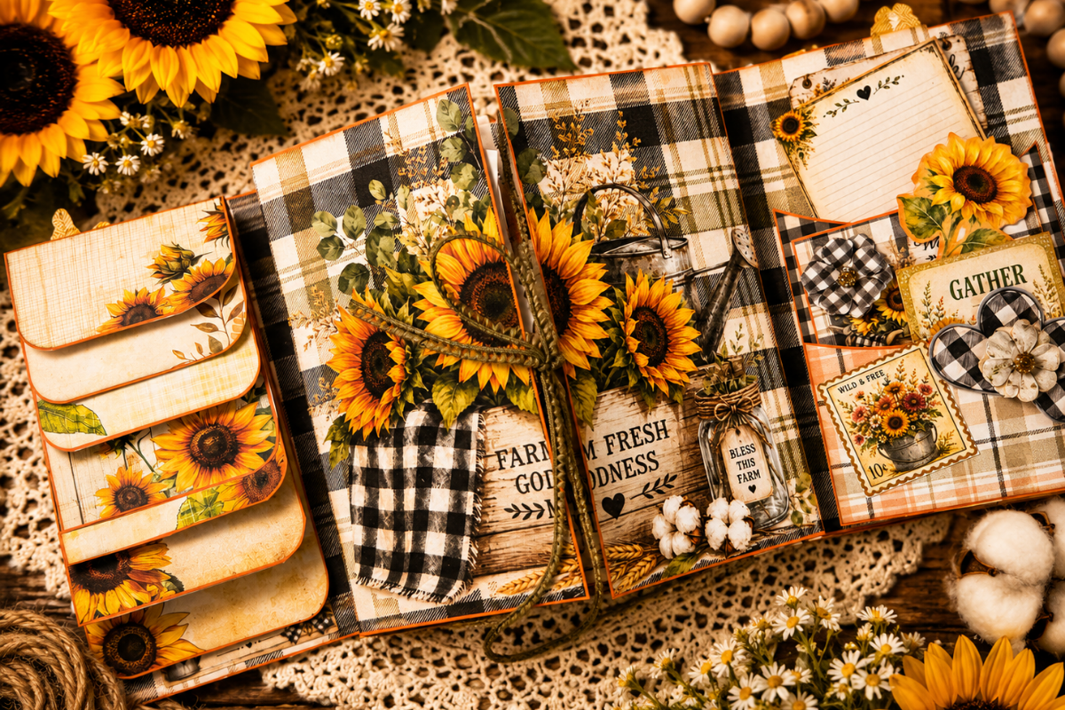 Open Sunflower Harvest Junk Journal Folio displaying lined journaling panels, sunflower seed and produce ephemera, layered pockets, black-and-cream plaid pages, and interactive fold-out sections.