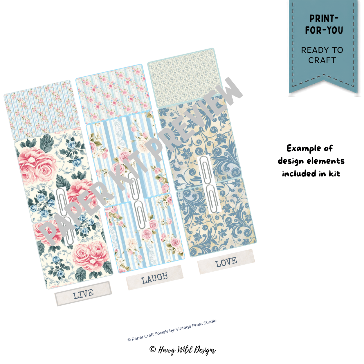 Three shabby chic hidden paperclip designs with roses blue stripes damask patterns and paperclips