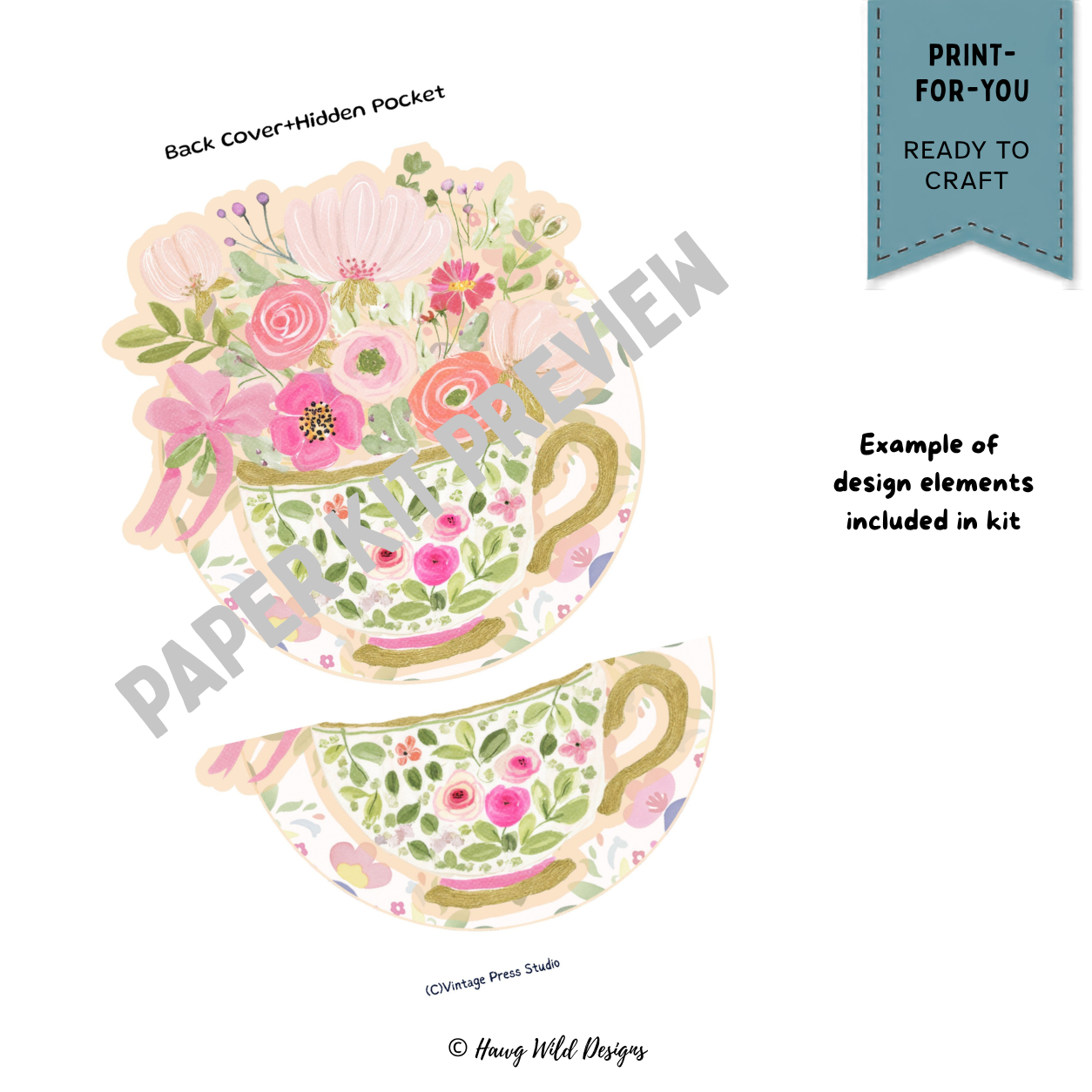 Afternoon Tea Junk Journal back cover and hidden pocket shaped like a floral teacup overflowing with pink watercolor flowers