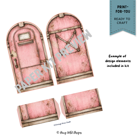 Vintage pink mailbox paper craft pieces for the Happy Mail Loaded Tags kit with front back and pocket components