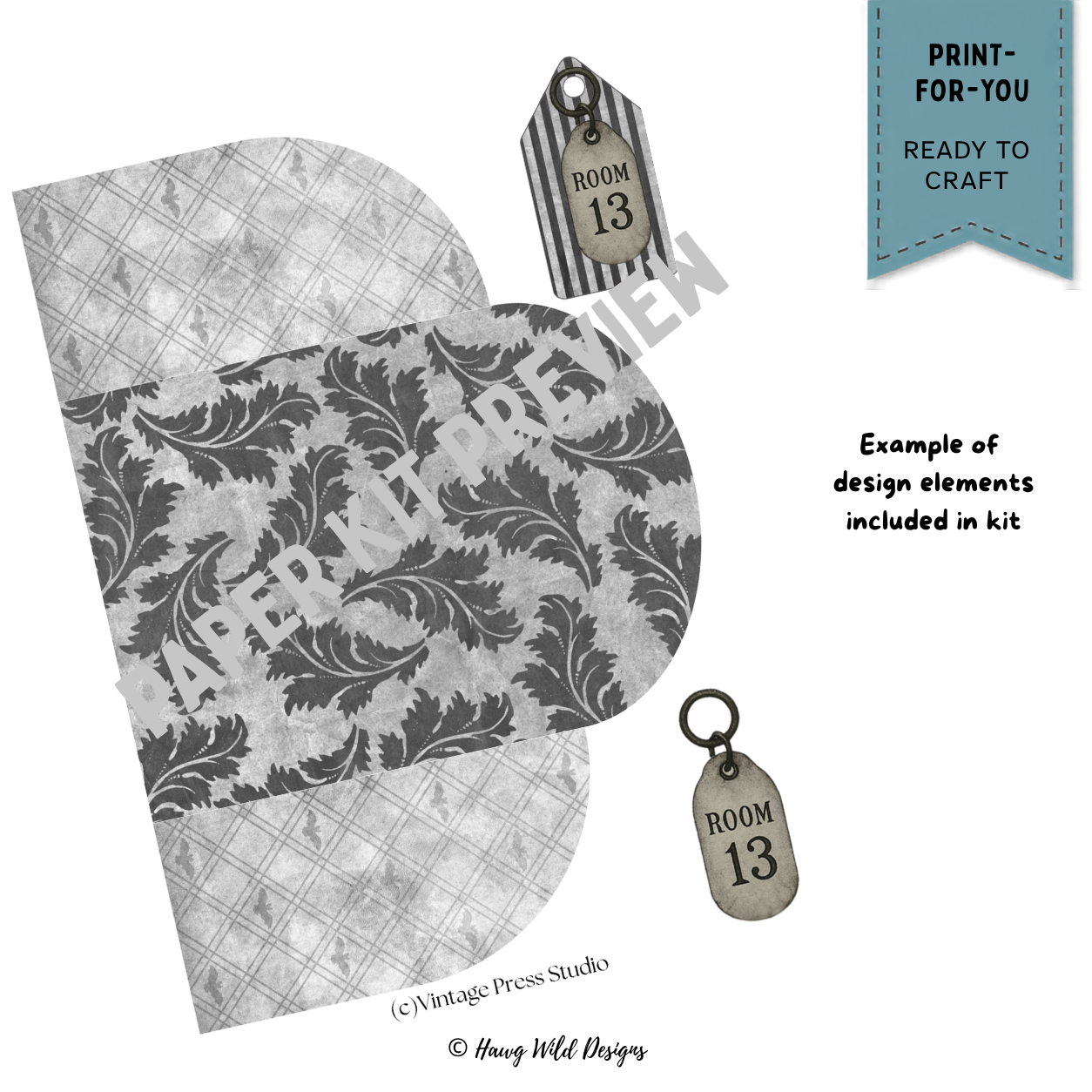 Moody Manor loaded hidden tag pocket pieces with gray Gothic patterns and vintage Room 13 key tag