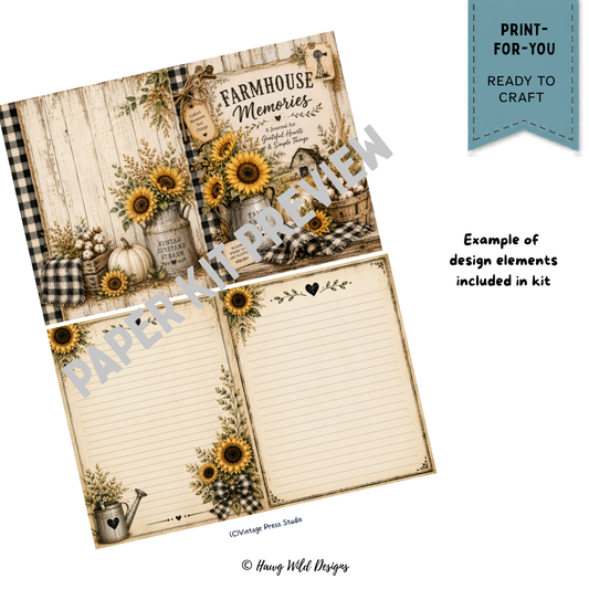 Farmhouse journal pages with sunflowers, white pumpkins, black gingham, vintage milk cans and lined journaling sections