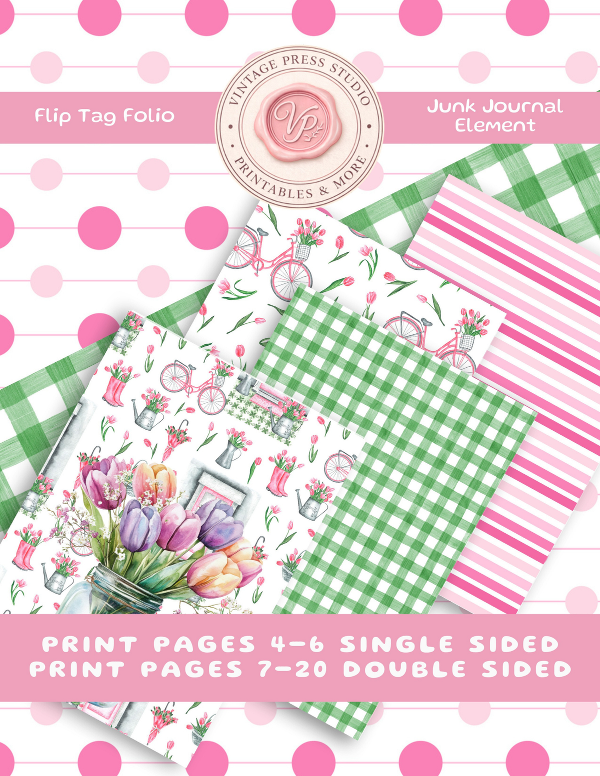 Bundle of Faith Mega Pack flip tag folio junk journal elements with pink tulips, bicycles, green gingham, stripes and spring floral patterns