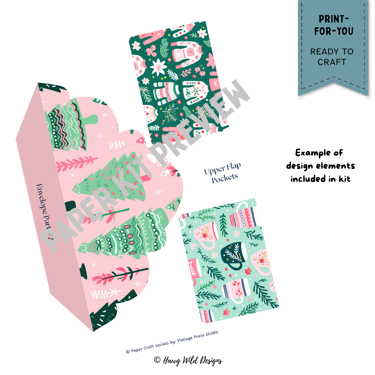Christmas Ephemera Keeper printable-style paper kit components with pink Christmas trees and coordinating holiday pocket pieces