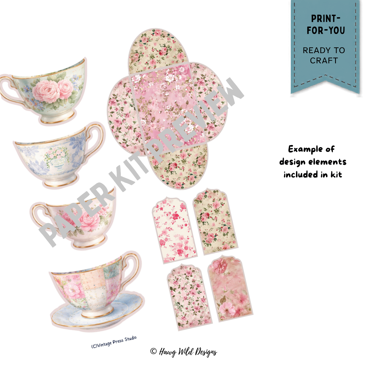 Vintage floral teacups with pink rose patterns, stacked pocket pieces and coordinating tags for A Cup of Tea paper craft kit