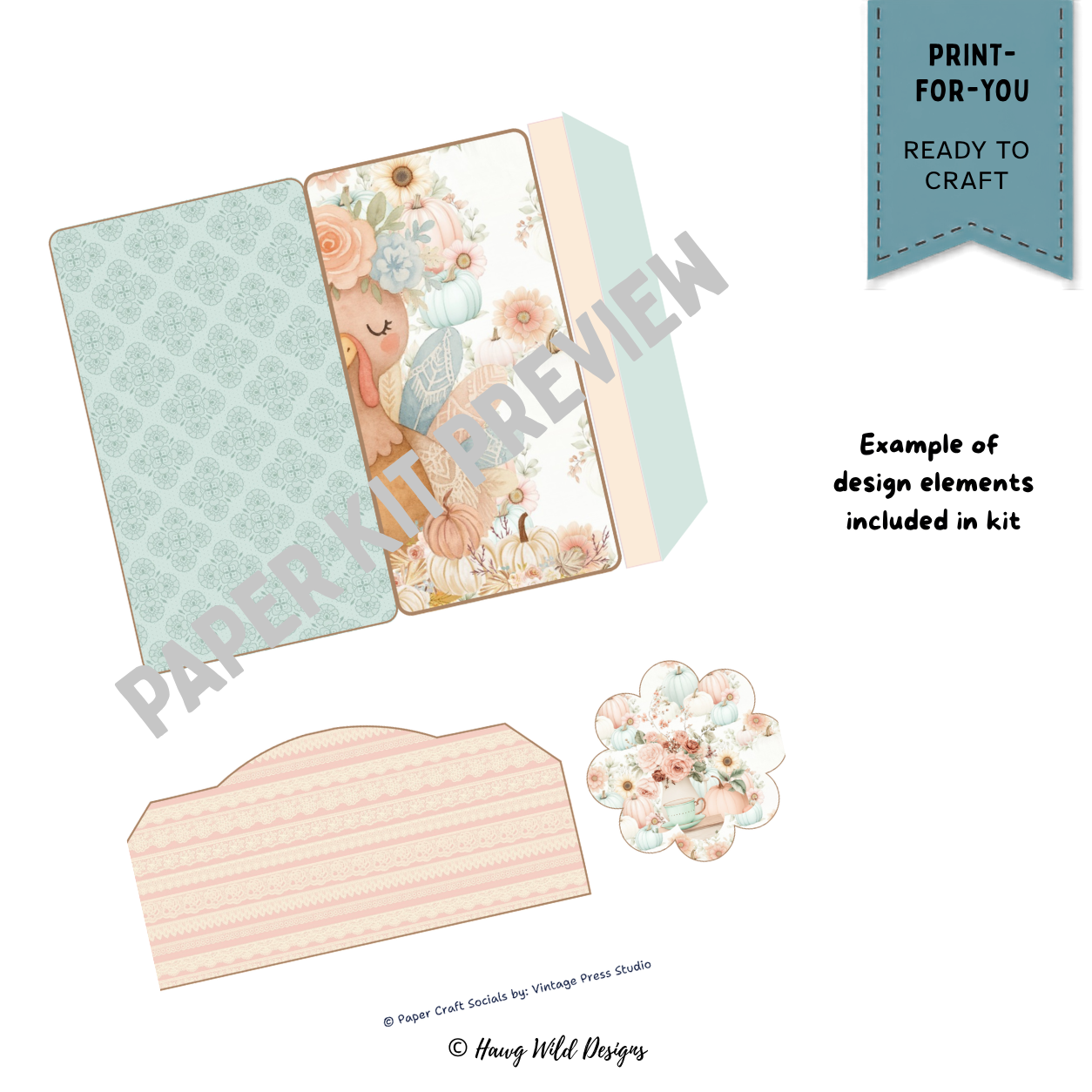 Grateful fall journal card pieces with pastel pumpkins, floral turkey, aqua lace pattern and fold-out paper components