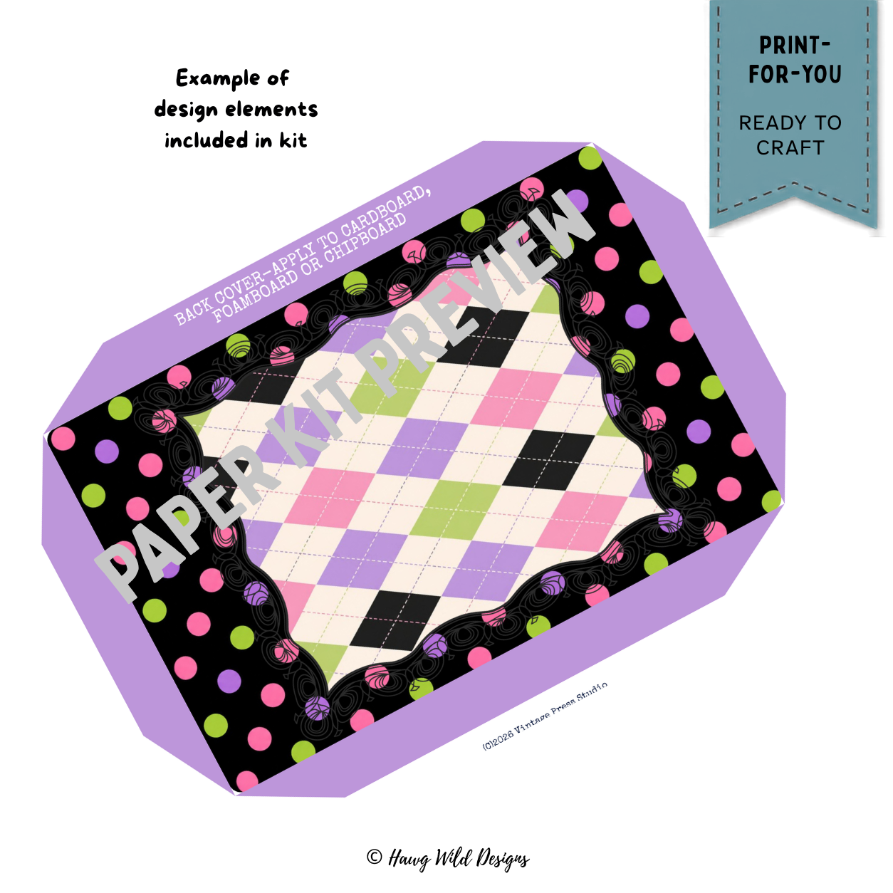 SummerWeen Flexi Junk Journal back cover with pink purple green and black argyle and polka dot patterns