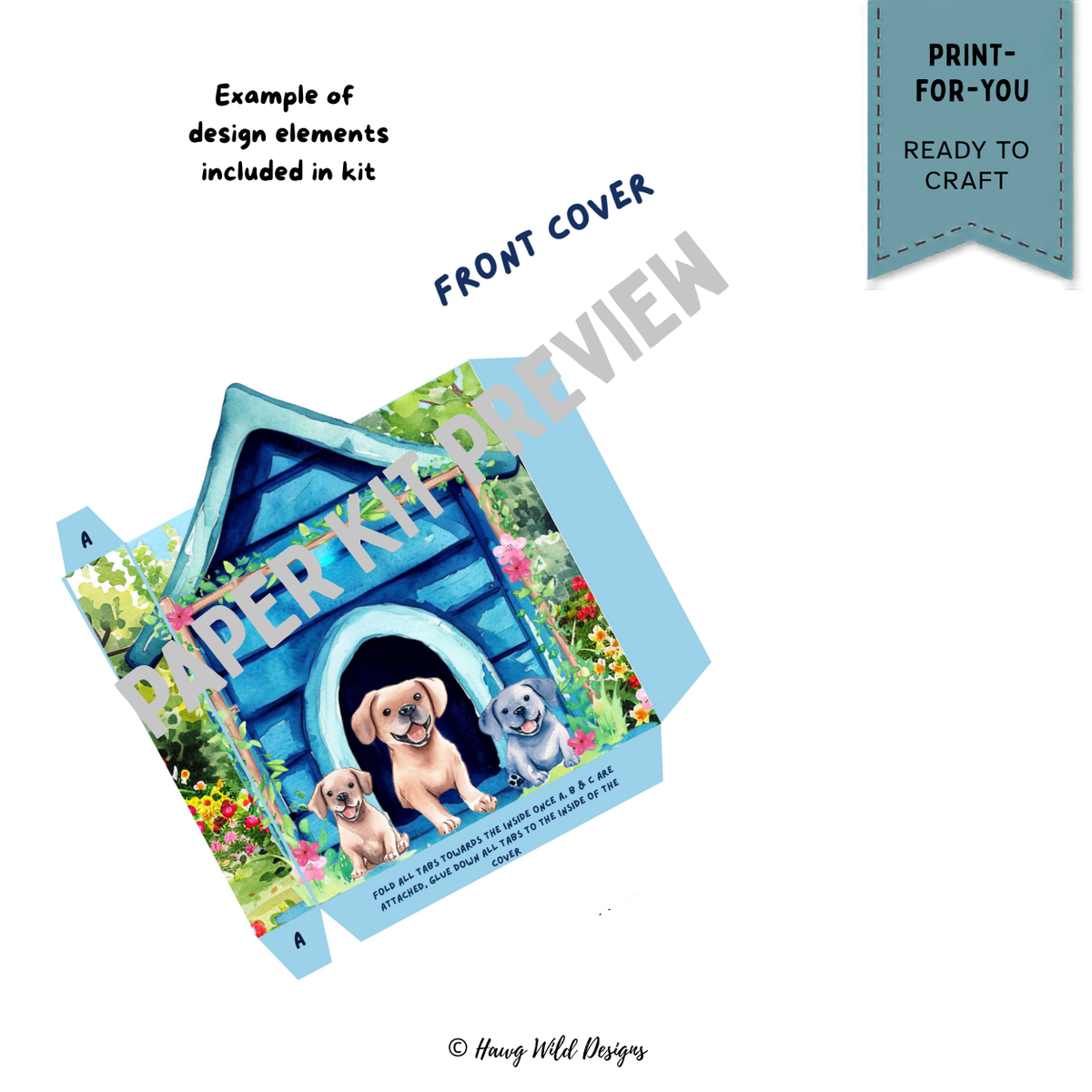 Printable front cover template for Pups in the Park dog memory keeper junk journal with puppies, flowers and blue dog house