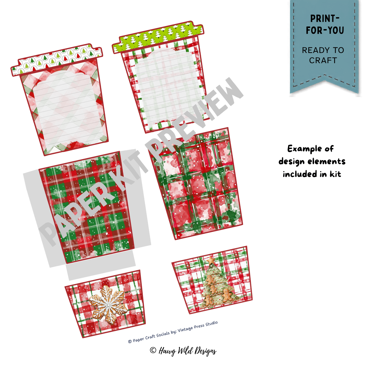 Christmas coffee gift tag pieces with whipped cream toppers, holly, candy canes, plaid pockets and festive coffee illustrations