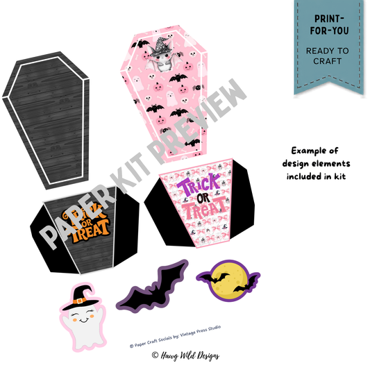 Halloween coffin-shaped tags and decorative pieces with trick or treat designs, pink ghosts, bats and moon accents