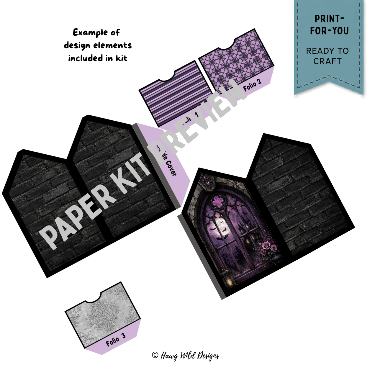 Howl-O-Ween mini journal folio components with black brick covers, purple pockets and Gothic Halloween window design