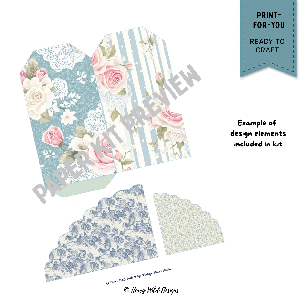 Shabby chic floral pocket tags with blue stripes pink roses lace and vintage patterns