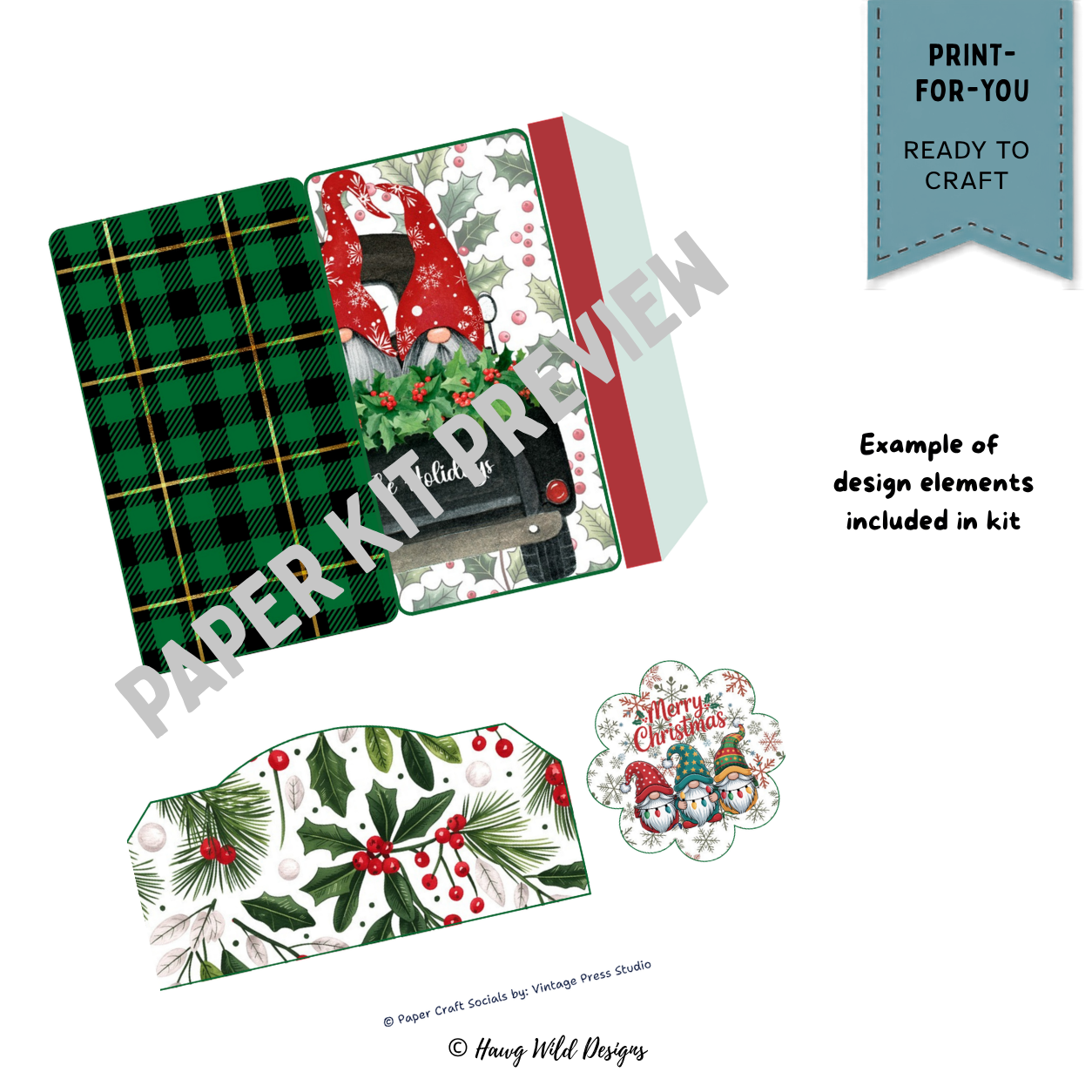 Gnomies Holiday Flip-Out Folio preprinted craft pieces featuring Christmas gnomes, green plaid, holly and festive pocket elements