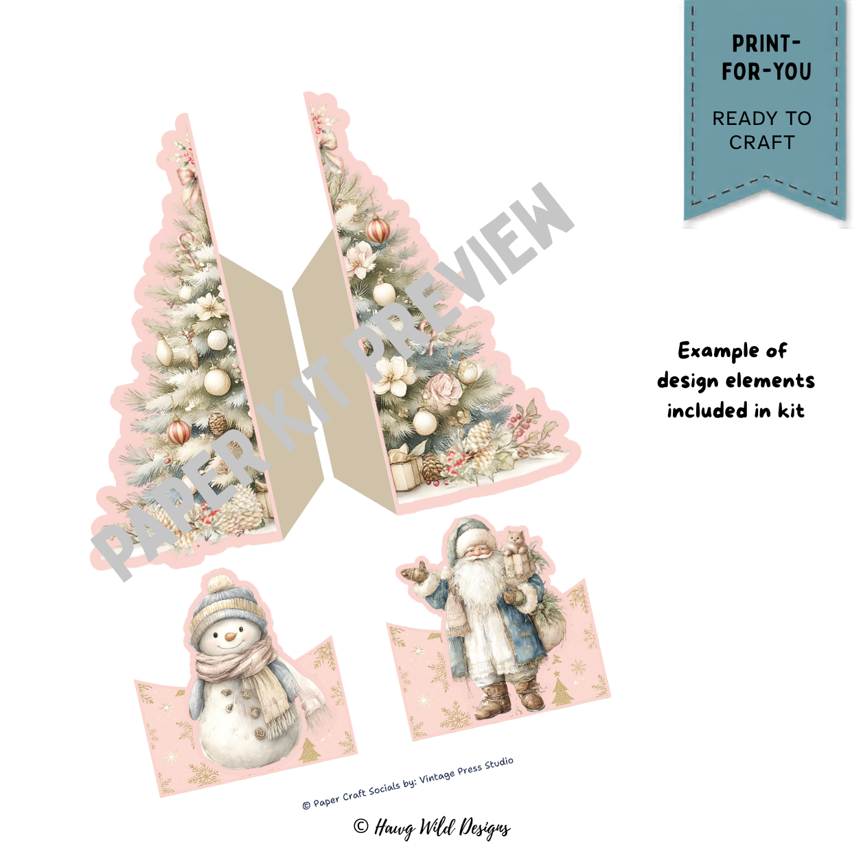 Printable-style Vintage Christmas 3D folio card pieces featuring pink Christmas tree, snowman and vintage Santa designs