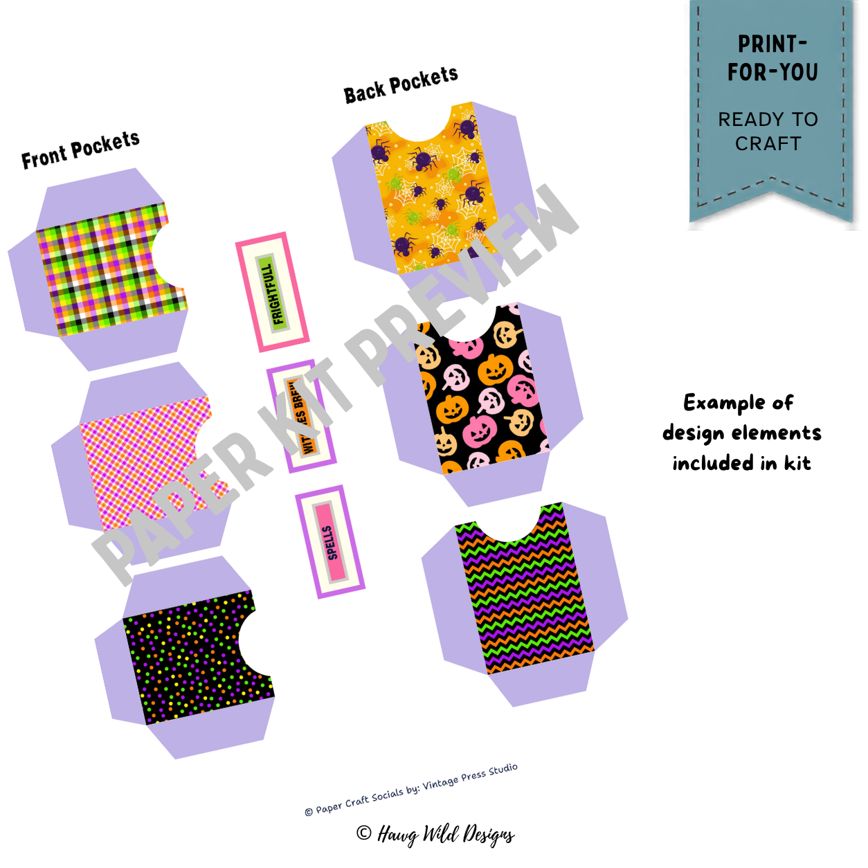 Halloween hidden paper clip folio pockets with plaid, spider, pumpkin and chevron patterned paper pieces