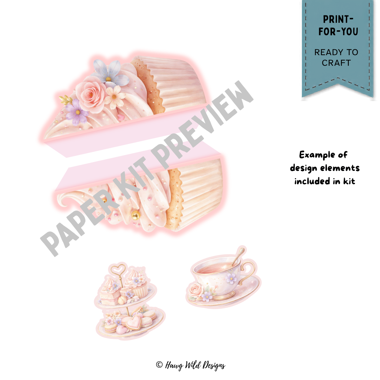 Pastel floral cupcake 3D paper craft element with pink frosting, roses and lavender flowers