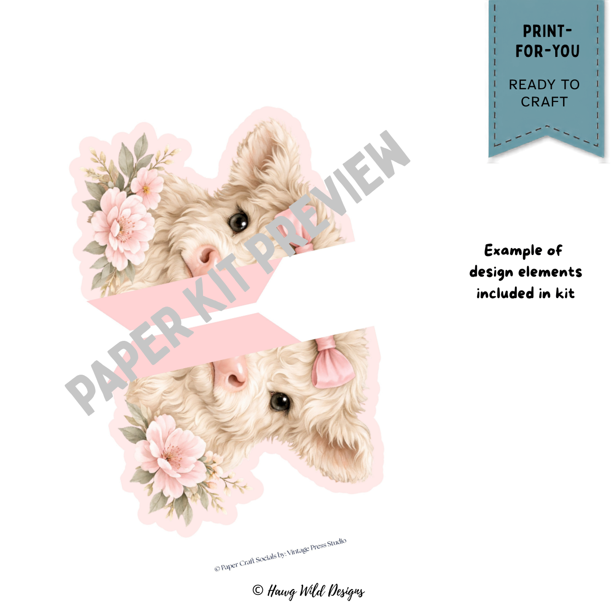 Lil’ Moo-la Farm Baby Mona fluffy cow 3D folio card element with pink bow, soft pink flowers and coordinating fold tabs