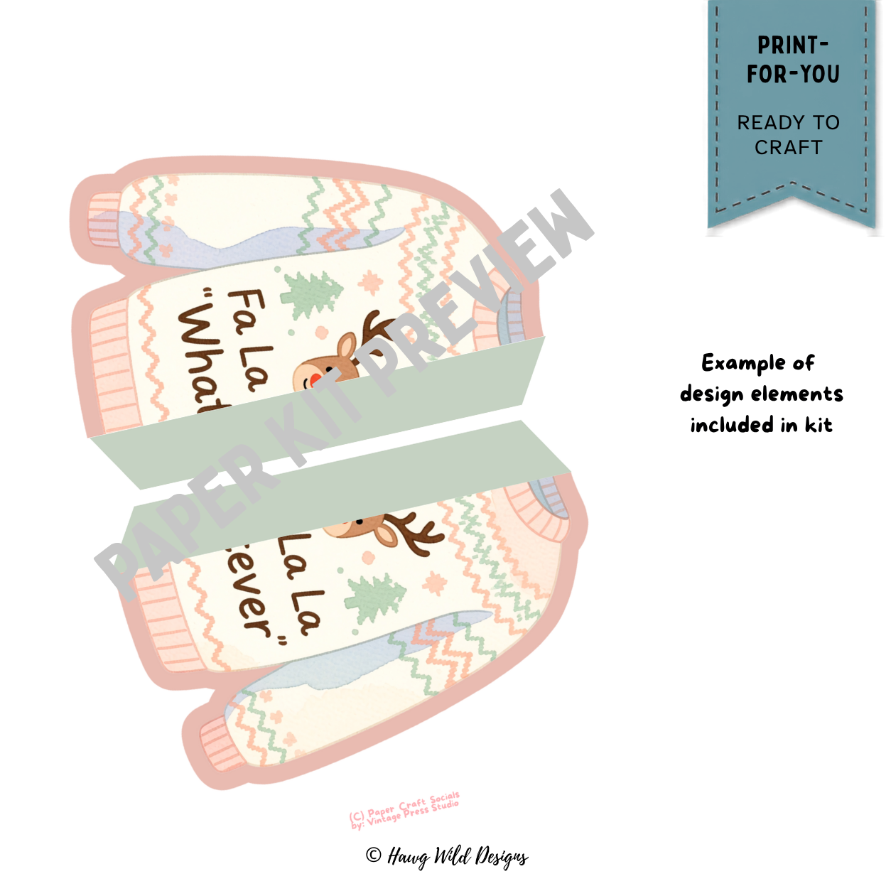 Christmas 3D folio card pieces with pastel ugly sweater design, fold-out layers and pink mint plaid patterns
