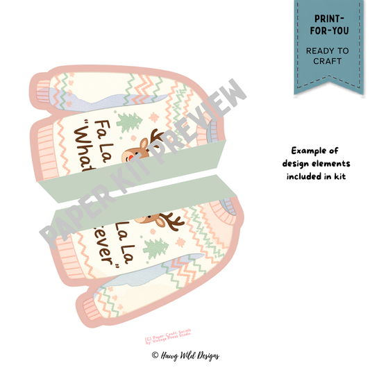 Christmas 3D folio card pieces with pastel ugly sweater design, fold-out layers and pink mint plaid patterns