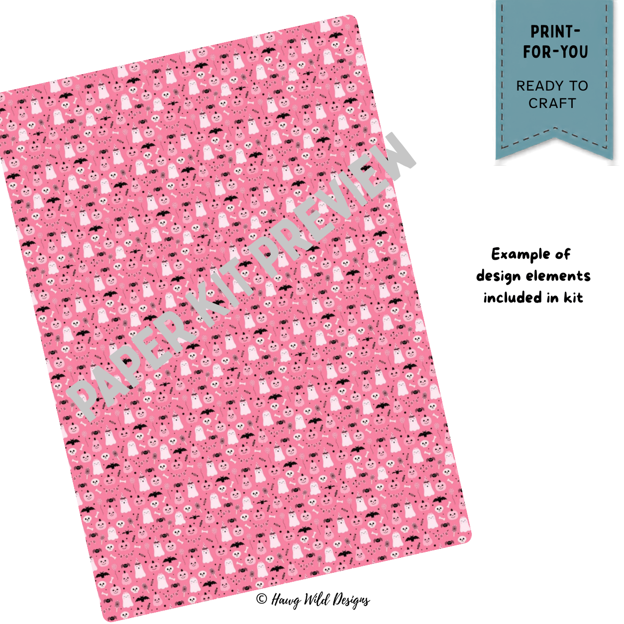 Pink Halloween patterned paper with ghosts, pumpkins, bats, skulls and spiders from the Spooktacular Pink collection