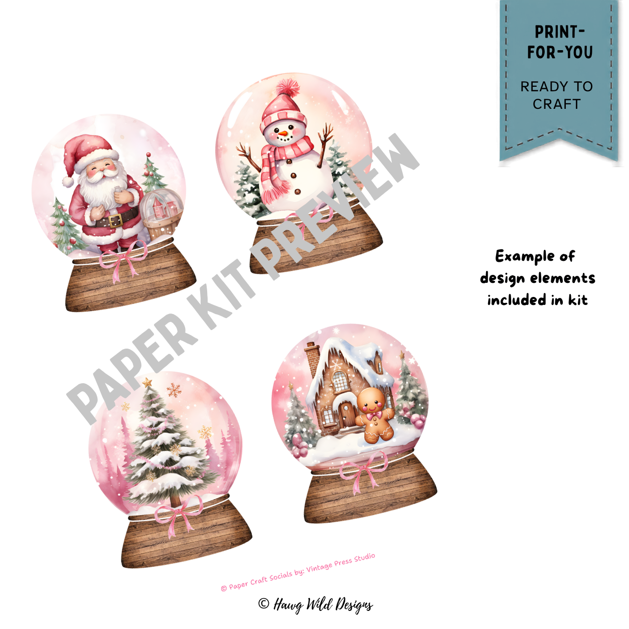 Christmas snow globe gift tag designs featuring Santa, snowman, snowy tree and gingerbread house in soft pink holiday colors