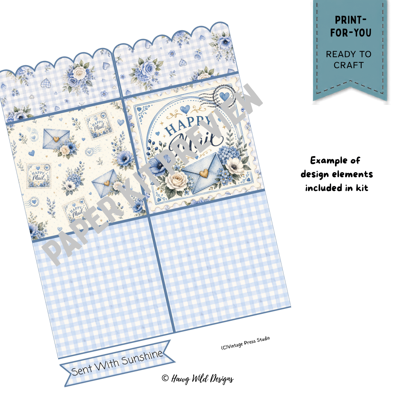 Blue floral Happy Mail loaded envelope paper craft page with gingham pockets, envelopes, postage stamps and Sent With Sunshine banner