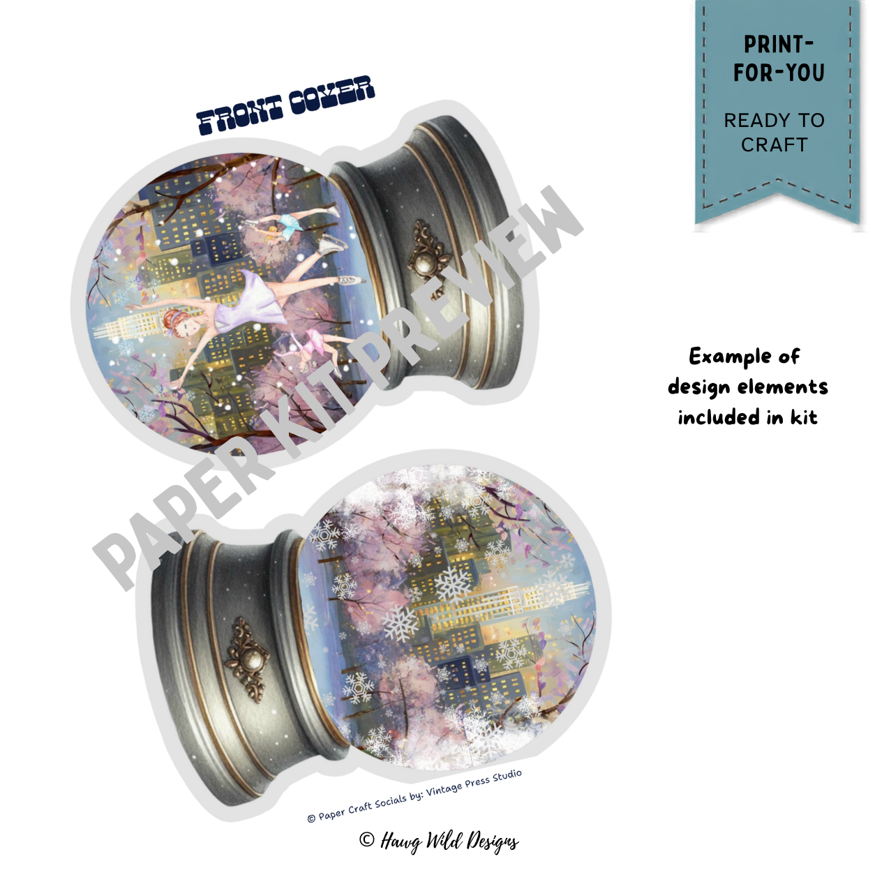 Winter city snow globe journal cover pieces featuring ice skaters and snowy skyline